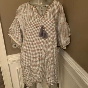 NWT SKEMO Bohemian Tunic Cover Flamingo Checker Pattern Sz M Grey